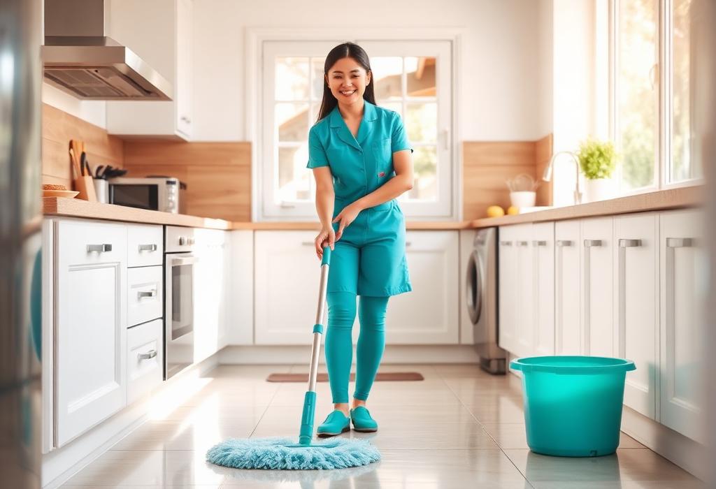 Mate mopping a tiled kitchen floor with a flat-head mop