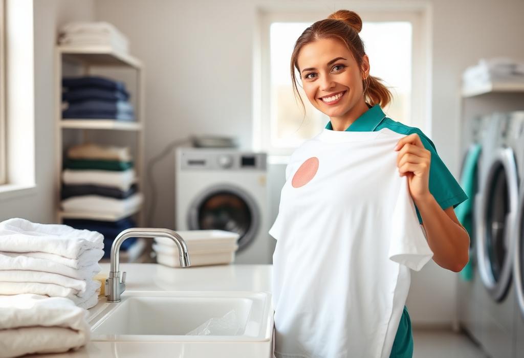 Mate pretreating a stain on a white shirt at a laundry sink