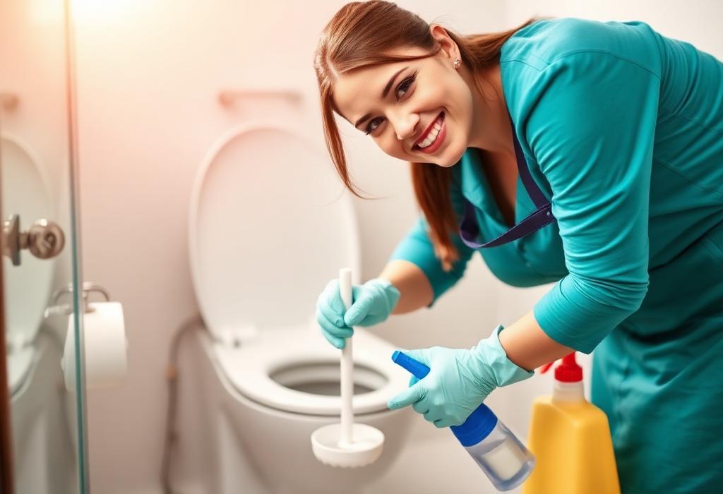 Mate in uniform and gloves cleaning a toilet with brush and spray