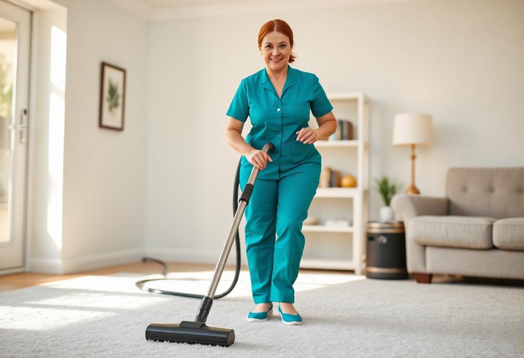 Mate vacuuming a living room carpet with the cord kept behind her