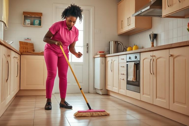 Cleaner sweeping the floor before mopping
