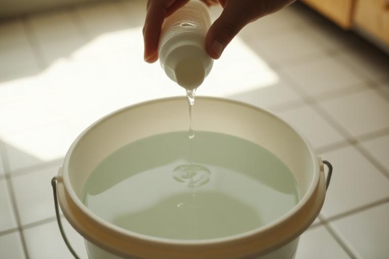 Pouring a small measured dose of floor cleaner into the bucket