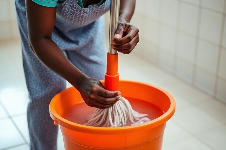 Rinsing and wringing the mop head in the bucket
