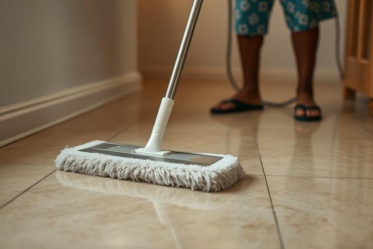 Buffing the floor dry with a dry microfibre pad