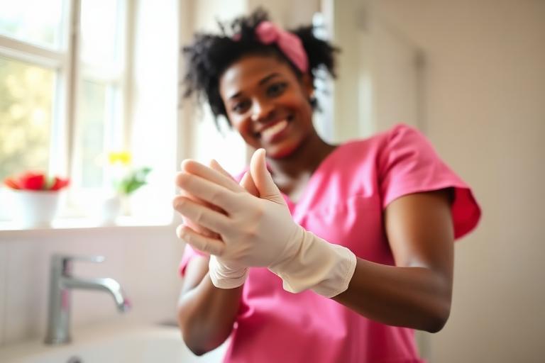 Cleaner pulling on disposable gloves before starting the toilet