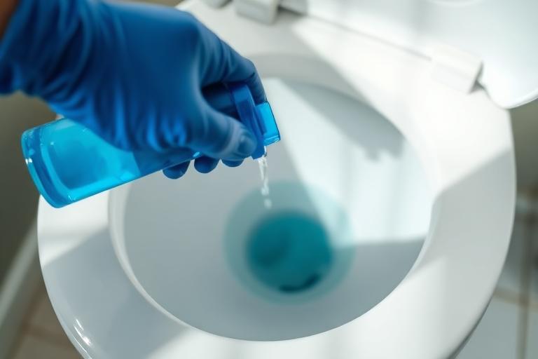 Gloved hand squeezing bowl cleaner under the toilet rim