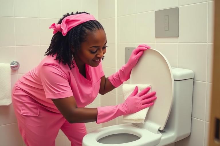Cleaner wiping the seat and lid with a paper towel