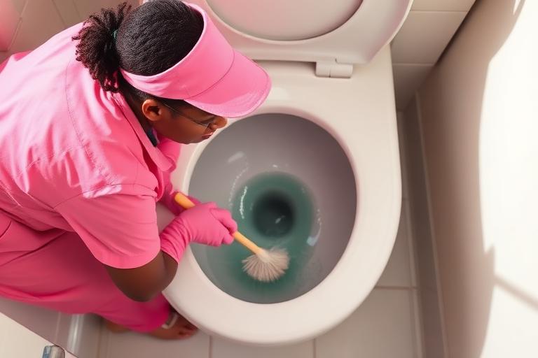 Cleaner scrubbing under the rim with the bowl brush