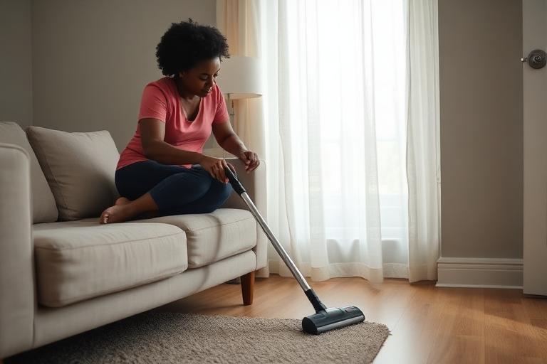 Vacuuming the sofa and skirting with attachments first