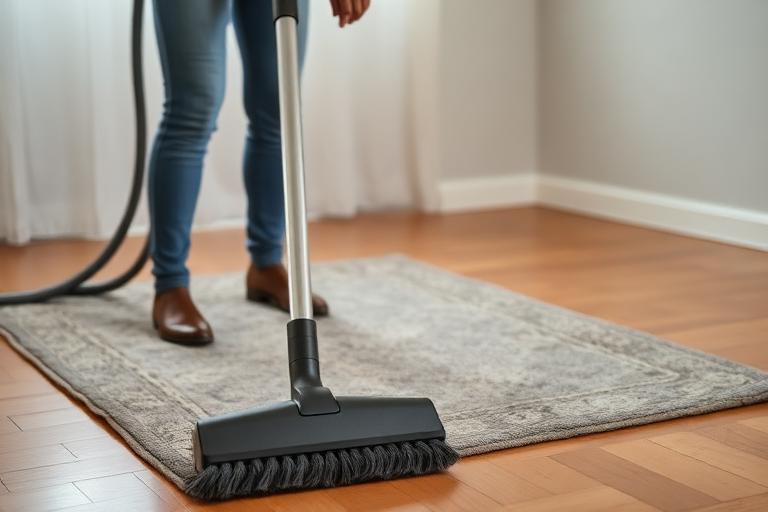 Vacuuming an area rug, then its edges with the brush tool